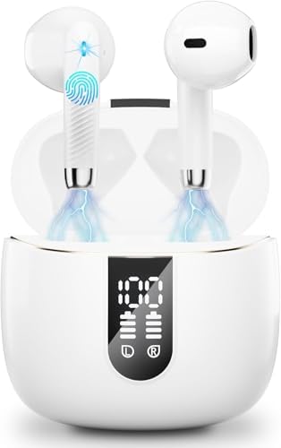 Wireless Earbuds, 2024 Bluetooth Headphones V5.3 Ear Buds Built-in ENC Noise Cancelling Mics, 40H Stereo Bass Bluetooth Earbuds with Dual LED Display, IP7 Waterproof Earphones for Android iOS, White