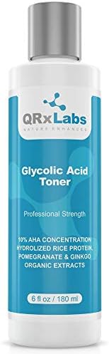 QRxLabs Glycolic Acid Toner - Exfoliating Anti-Aging Glycolic Acid Toning Solution for Face w/ 10% AHA, Witch Hazel, Hydrolyzed Rice Protein, Pomegranate & Ginkgo Biloba Extract - Anti Aging Toner