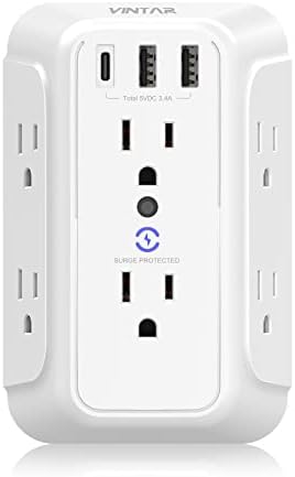 Wall Charger, Surge Protector, 6 Outlet Extender with 3 USB Charging Ports (1 USB C, 3.4A) 900J Wall Mount Power Strip Multi Plug Outlets for Home Travel Office ETL Listed