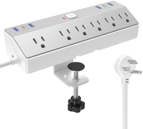Desk Clamp Power Strip Tall, 40W Fast Charging Station,Desk Mount Desk Shelf with 6 Outlets 6USB Ports (2USB C), 10Ft Extension Cord Desk Accessories Home Office Essentials, Fit 2.48" Tabletop Edge