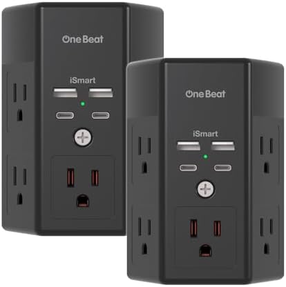 2 Pack Multi Plug Outlet, Surge Protector, 5 Outlet Extender with 4 USB Charging Ports (2 USB C), USB Wall Charger, 3-Sided 1800J Power Strip Outlets Splitter Wall Plug Adapter Spaced for Home,Black