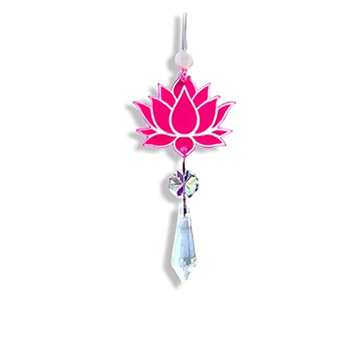 Pink Lotus Flower Car Charm, Auto Rear View Mirror Accessories, Rainbow Crystal Suncatcher, BOHO Minimalist Dainty Decor, New Car Gift For Her