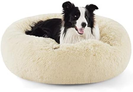 Bedsure Calming Dog Bed for Large Dogs - Donut Washable Large Pet Bed, Anti-Slip Round Fluffy Plush Faux Fur Dog Bed, Fits up to 100 lbs Pets, Oat Milk, 36 inches