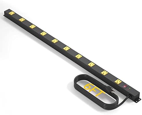 10 Outlet Long Power Strip Surge Protector, Heavy Duty Industrial Metal Power Strip 6 Feet, Wall Mountable, for Work Bench, Shop, Garage, Black (1000 Joules)