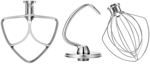 Stainless Steel Stand Mixer Attachments 3-Piece for KitchenAid 4.5-5 Qt Tilt Head Stand Mixer. Includes 6 Wire Whisk, Flat Beater, Dough Hook for KitchenAid 4.5-5 Qt Mixer Bowl