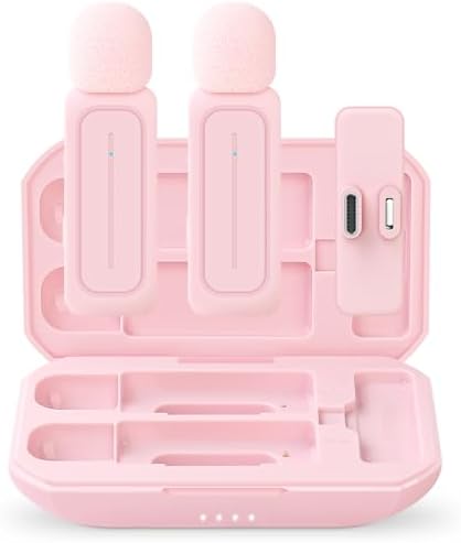 2 Pack Wireless Lavalier Microphone for iPhone iPad Android with Charging Case - 7H Clip on Lapel Microphone Wireless for Video Recording Vlogging, YouTube, Interview, 3 Mode Denoise (Pink)
