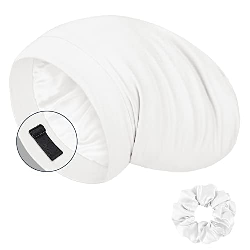 LULUSILK Mulberry Silk Bonnet for Sleeping Women, Real Silk Sleep Cap for Curly Hair and Braids, Pure Silk Head Wrap with Scrunchies, White