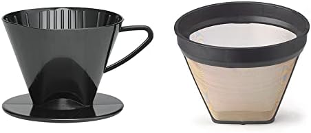 Fino Pour-Over Reusable Coffee Brewing Cone with Gold-Toned Mesh Permanent Coffee Filter, Number 2-Size, Black