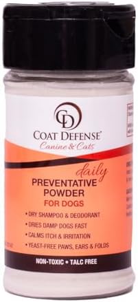 COAT DEFENSE Preventative Powder | Made in USA | 3.5oz Waterless Dog Shampoo & Pet Deodorizer for Smelly Dogs | Provides Anti Itch Relief | Dog Shampoo for Dry Itchy Skin & Smelly Dogs
