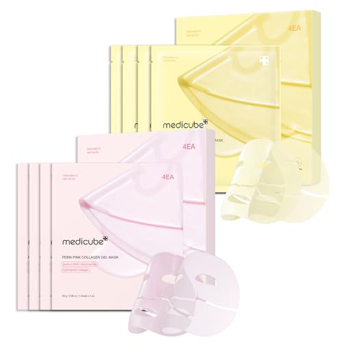 medicube Color-Changing Jelly Mask Set For Uneven Skin Tone & Radiant Glow: Salmon DNA PDRN pink collagen jelly gel mask (4ea) and Kojic Acid Turmeric Brightening Gold Jelly Gel Mask (4ea)