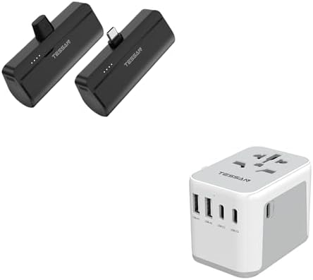 TESSAN Universal Travel Adapter, International Power Adapter 5.6A 3 USB C 2 USB A Ports, Mini Portable Charger with Built-in USB-C, 5000mAh Small Power Bank, for iPhone 15/15 Plus/15 Pro/15 Pro Max