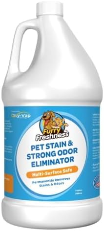 FurryFreshness Extra Strength Cat or Dog Pee Stain & Permanent Odor Remover + Smell Eliminator -Removes Stains from Pets & Kids Including Urine or Blood- Lifts Old Carpet Stains- (Gallon)