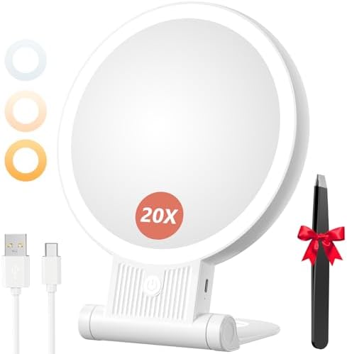 1X/20X Magnifying Mirror with Light, Double Sided Makeup Mirror with Adjustable Folding Handle, 2000mAh Rechargeable Vanity Mirror with Tweezer, Portable Tabletop Mirror for Travel Home