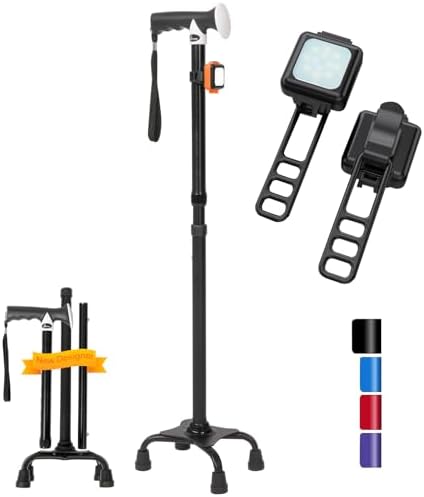 Quad Cane (300 Ib) - Adjustable Walking Cane with Led Light,Canes with 4 Pronged Base for Extra Balance & Stability, Four Legs Walking Canes for Seniors, Walking Cane Sticks for Men & Women