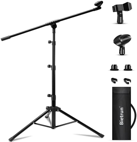 Mic Stand, Bietrun Microphone Stand Tripod Adjustable Boom Height, with Carry Bag & 2 Mic Clips, Detachable Boom Mic Stand for Singing Performance Wedding Stage Church