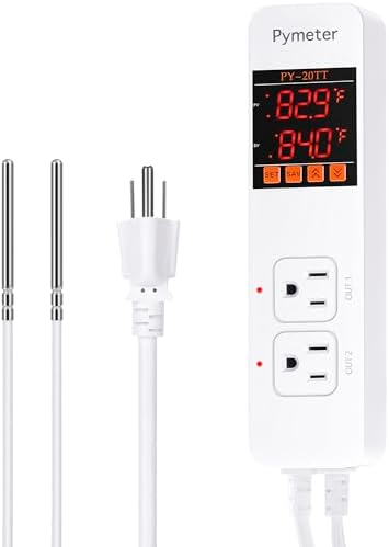 Digital Temperature Controller Dual Probe Reptile Thermostat Controlled Outlet for Terrarium Heat Mat Heating Pad, Switch Cooling Fan Freezer Fridge ON & Off at Setpoints 10A 1200W