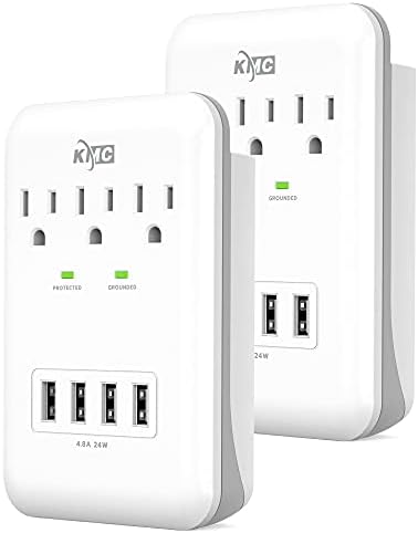 KMC 3-Outlet Wall Mount Surge Protector, 900 Joules, 4 USB 4.8 AMP USB Charging Ports, Phone Holder Cradle for Home, School or Office, ETL Certified (2 Pack)