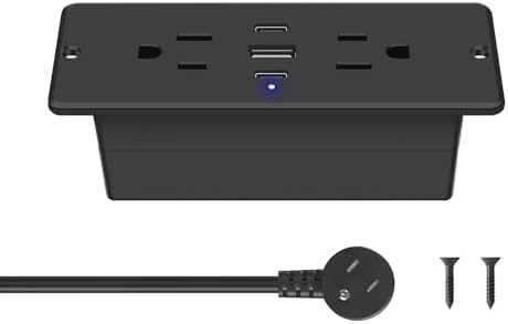 CCCEI Recessed Power Strip with Outlet and USB C Ports, Furniture Flush Mount Power Strip, Small Desk Hidden Outlet for Conference Table, Nightstand, Black, 6FT.