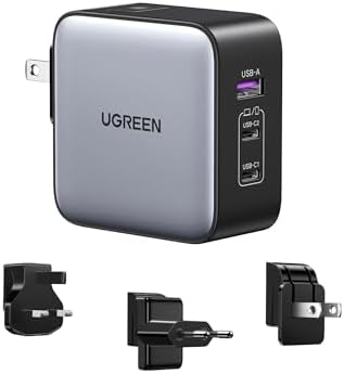 UGREEN 65W USB C Charger, Nexode 3 Port Travel Charger GaN Fast International Charger with US UK EU Plug, USB C Power Adapter for MacBook Pro/Air, Dell XPS, iPhone 16/15, iPad, Galaxy S24, Steam Deck