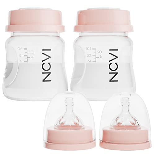 NCVI Baby Bottles Compatible with NCVI Breast Pump 8782/8780-2, Breast Milk Storage Bottles with Nipples and Travel Caps, Anti-Colic, BPA Free, 4.7oz/140ml, 2 Count