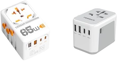 TESSAN 65W GaN Universal Travel Adapter, International Plug Adaptor with 4 USB(2 USB C) Charging Ports, USB C 2 USB A Port, Travel Charger Outlet for US to European EU UK AUS Ireland(Type C/G/A/I)