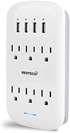 oviitech 6 Outlet Extender with 4 USB Charging Ports(4.2A Total),Wall Mount Outlet Plugs 900 Joules Wall Surge Protector and Top Phone Holder,ETL Listed,White.