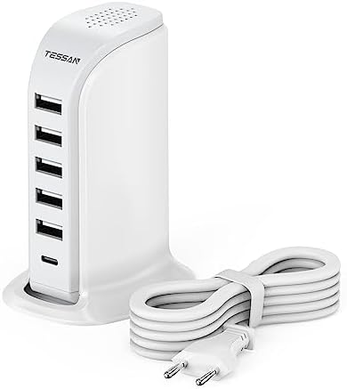 European Travel Plug Adapter USB C, TESSAN 40W Charging Station with 6 USB Ports, Desk Charging Tower for Multiple Devices, Type C Plug for US to Europe EU Italy Iceland Spain France Germany Greece