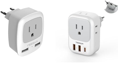TESSAN European Travel Foldable Plug Adapter with 4 AC 3 USB(1 USB C PD 20W), Type C Outlet Adaptor with 1AC 2 USB Ports for Most of EU Spain France Italy Germany Iceland