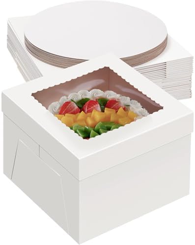 20Pack 8 Inch Cake Boxes With Cake Boards (10 boxes & 10 boards), 8X8X8Inch White Bakery Boxes With Windown For Cajas Pasteles, Cookie, Pastries, Pie, Bakers, Thanksgiving, Christmas Gift Cake