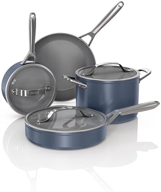 Ninja Ceramic Pro 7-Piece Cookware Set, Non-Stick Pots & Pans Set with Glass Lids, PTFE Free, Ceramic Coated, Oven Safe, All Stovetops & Induction Compatible, Midnight Blue, CW39007MM