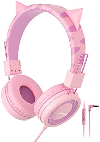 SIMJAR Cat Ear Kids Headphones with Microphone for School, Volume Limiter 85/94dB, Wired Girls Headphones with Foldable Design for Online Learning/Travel/Tablet/iPad (Pink)