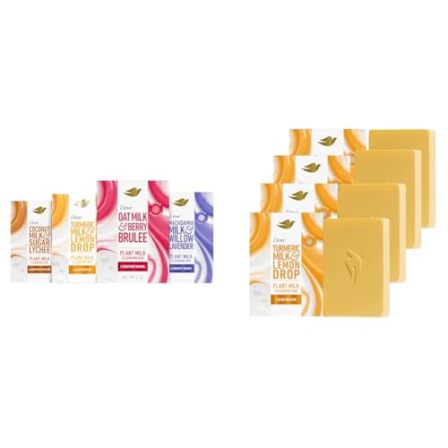 Dove Plant Milk Cleansing Bar Soap Variety Pack with Turmeric Milk & Lemon Drop Glow Booster 4 Count 5 oz Bars for Moisturized Skin