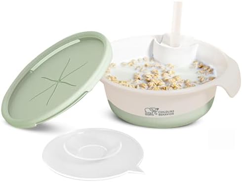CHILDLIKE BEHAVIOR 3-in-1 Baby Sippy Bowl Set - Mess-Free Mealtime Magic - Includes Cereal Bowl, Lid, Ergonomic Spoon - Snack Bowl for Soup, Milk, Cereals - Silicone for Little Hands - Green