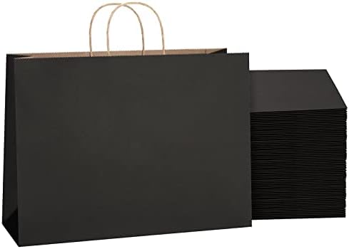 SHOPDAY Black Paper Bags with Handles 16x6x12, 25 Pack Large Kraft Paper Bags Bulk, Tote Bags Shopping Bags, Paper Gift Bags, Retail Bags Merchandise Bags for Grocery Business Takeouts