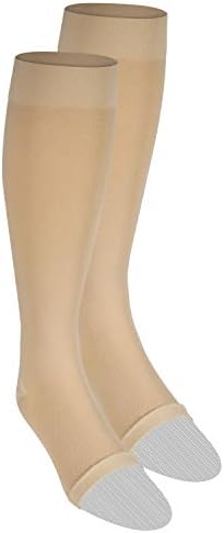 NuVein Medical Compression Stockings, 15-20 mmHg Support for Women & Men, Knee Length, Open Toe, Beige, Small