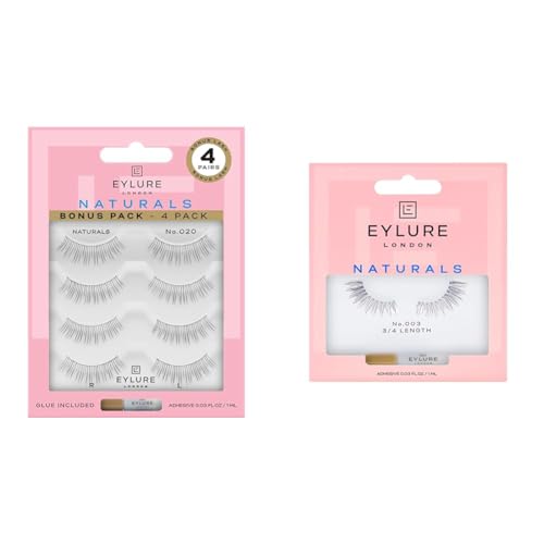 Eylure Naturals No. 020 & No. 003 Reusable Eyelashes Bundle with Adhesive, 5 Pairs Total