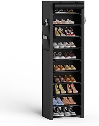 VTRIN Vertical Narrow Shoe Rack Organizer Tall Shoe Rack for Closet Entryway 10 Tier Non-Woven Cover Shoe Shelf Holds 20-22 Pairs Free Standing Shoe Storage Cabinet with Dustproof Cover Black