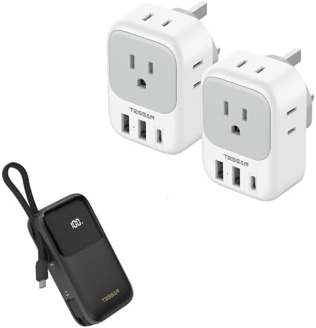 US to UK Plug Adapter 2 Pack, TESSAN Type G Travel Adapter with 4 Outlets 3 USB Charger(1 USB C Port), Power Adaptor for USA to Ireland Scotland Dubai Hong Kong with Portable Battery Pack