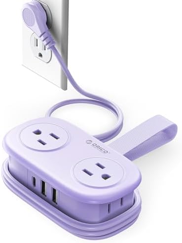 ORICO 4FT Purple Travel Power Strip with 4 AC Outlets, 2 USB-A Ports, and 1 USB-C Port, 45° Flat Plug Extension Cord with Non Surge Protector for Travel/Home/Dorm/Office