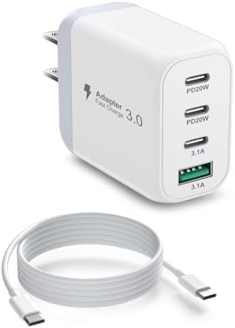 USB C Wall Charger, 40W 4 Port USB C Fast Charging Block Dual Port QC+PD3.0 Power Adapter Multiport USB C Cube for iPhone 16 Pro Max/15/14/13/12/11/XS/XR, Tablets, Samsung Galaxy-with 4FT USB C Cable