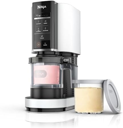 Ninja CREAMi Ice Cream Maker, 5 One-Touch Programs, White, Includes 2 16oz Pints with Storage Lids, Transform Frozen Bases to Ice Cream, Sorbets, Milkshakes, Vegan, Dairy-Free Options, NC300WH (Renewed)