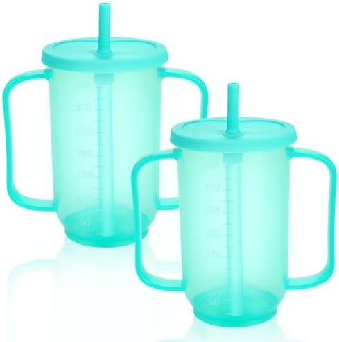 Ysglory Spill Proof Cups for Adults 12 Oz Plastic Elderly Sippy Cup with 2 Handles Straw and Lid Dysphagia Drinking Cups for Adults Hospital Disabled Patients (2)