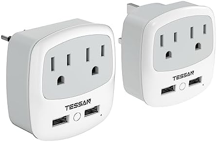 Travel Plug Adapter, TESSAN International Power Adaptor with USB Charger American Outlets, Plug Converter for UK EU Italy Spain France Germany Iceland Greece Israel (Type C/G)