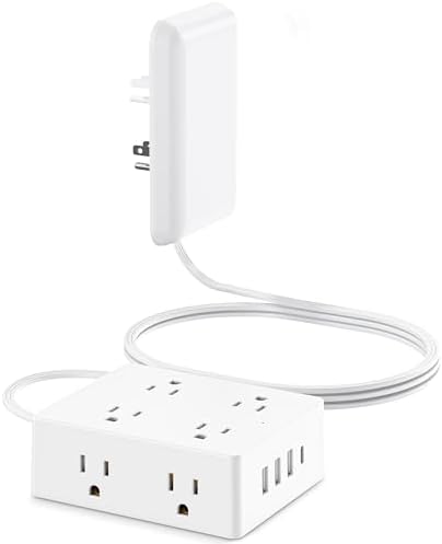 Flat Extension Cord with Outlet Cover, Olcorife Flat Plug Power Strip with 8 Outlets and 4 USB Ports, 2000 Joules Surge Protector, 5 FT Cord Hidden Outlet Extender for Tight Spaces