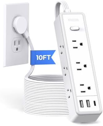 Surge Protector Power Strip 10 FT, Flat Extension Cord with 9 Widely Outlets 3 USB Ports(1 USB C), 1080J, Flat Plug, 3 Side Extension Cord with Multiple Outlets, Mounted, for Indoor Home Office, White