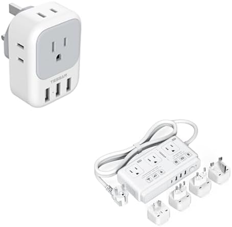 US to UK Plug Adapter, TESSAN Type G Ireland Travel Adapter with 4 Electrical Outlet 3 USB Charger, 220V to 110V Voltage Converter, Step Down Transformer, for UK EU AUS, for Hair Dryer Curling Iron
