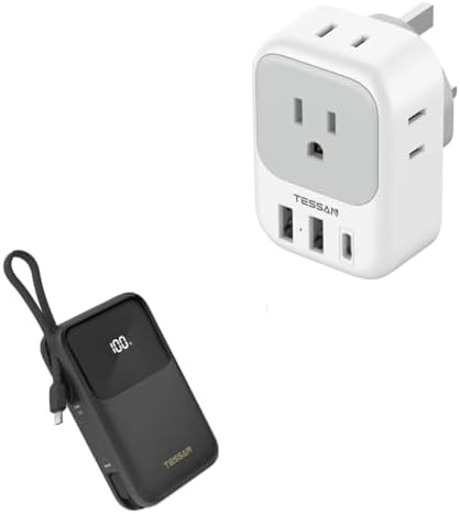 US to UK Plug Adapter, TESSAN Type G Travel Converter with 3 USB Charger(1 USB C Port), 4 Outlets Power Adaptor for USA to Qatar Ireland Hong Kong England Scotland Kenya with Portable Battery Pack