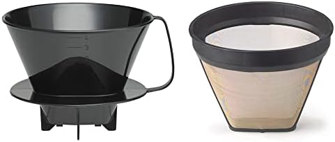 Fino Pour-Over Reusable Coffee Brewing Cone with Gold-Toned Mesh Permanent Coffee Filter, Number 4-Size, Black