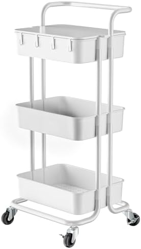 Pipishell 3 Tier Rolling Cart with Table Top, Utility Cart with Wheels & 4 Hooks, Rolling Storage Cart for Home Storage and Organization