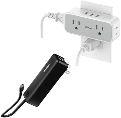 Surge Protector Outlet Extender, TESSAN Multi Plug Outlet Splitter with 4 Electrical Outlets 3 USB Ports, Portable Charger Power Bank, 3 in 1 Power Bank 20W Fast Charging